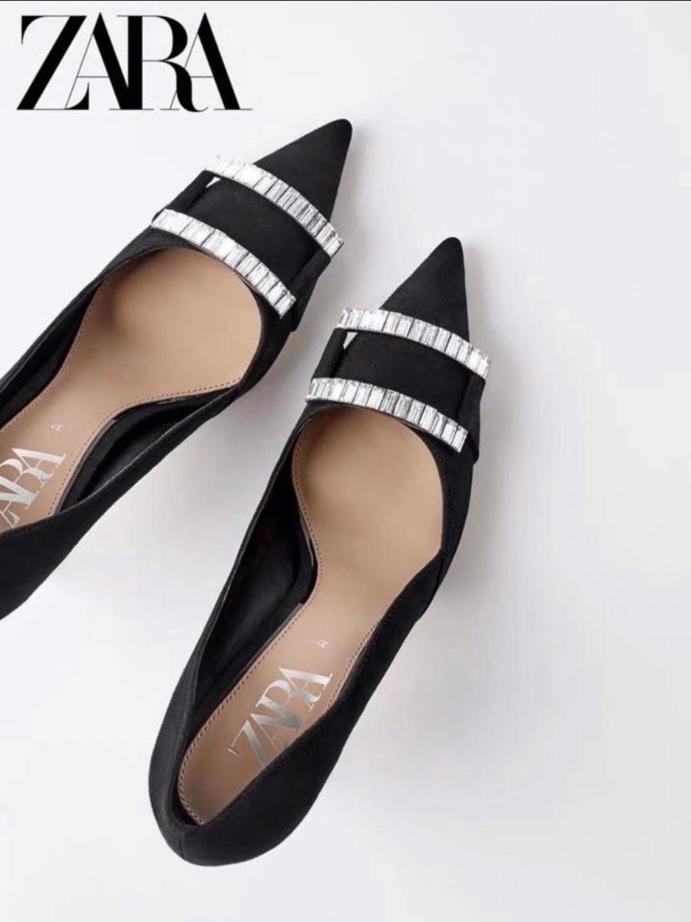 Zara Black Pointed Toe Rhinestone Crystal Embellished Heels Pump Size 7